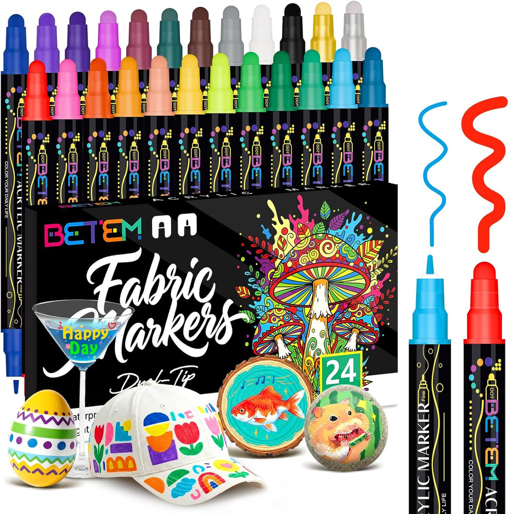 24 Colors Dual Tip Acrylic Paint Markers Fabric Decorating Kits Water Based NEW