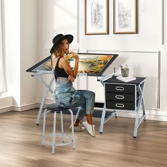 Adjustable Drafting Table Tilted Tabletop Art & Craft Drawing Desk with Stool