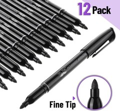12 Pack Fine Tip Permanent Black Markers – Non-Toxic and Waterproof Creativity
