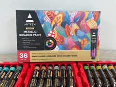 Arteza Metallic Gouache Paint 12ml Tubes Set of 36 Vivid Colors Premium Box Set