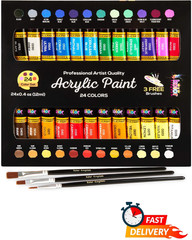 Acrylic Paint Set 24 Colors 12ml Art Painting Kit with 3 Brushes Canvas Wood