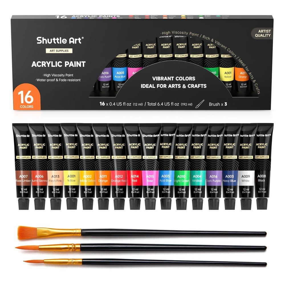 Acrylic Paint Set, 16 x12ml Tubes Artist Quality Non Toxic Rich Pigments Colo…