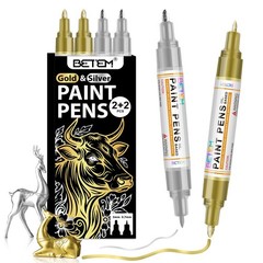 Betem Oil Based Paint Markers, Dual Tip Paint Pens(0.7mm & 3mm), Gold Silver …