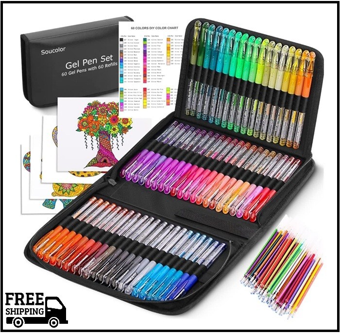 Soucolor Glitter Gel Pens for Adult Coloring Books, 120 Pack-60 Glitter Pens, 60