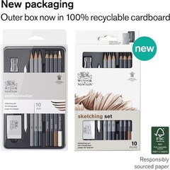 Sketching Pencils Set of 10 with White Charcoal & Metal Sharpener