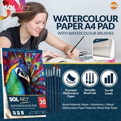 A4 Watercolour Paper Pad 30 Sheets 60 Pages Cold Pressed Artist 160GSM 6 Brushes