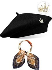 3 Pcs Beret Hats for Women French Wool Beret with Silk Scarf Brooch Paris Black