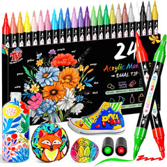 24 Colors Dual Tip Acrylic Paint Markers,Waterproof, Non-Toxic, Odorless, Suitab