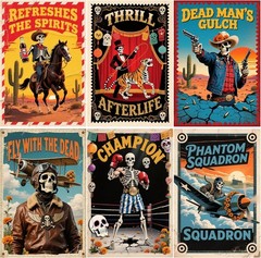 6 Skeleton Poster Style Diamond Drill Gem Art Kits Cowboy Pilot Circus Boxing Wr