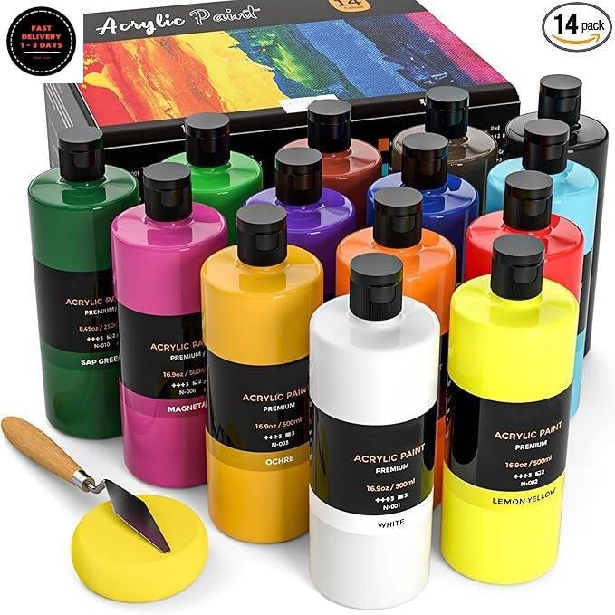 Juego de pintura acrílica de gran volumen de 14 colores (16,9 oz, 500 ml) Rich.