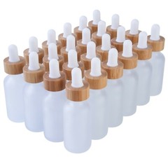 Clear Frosted Boston Round Glass bottles White Bamboo Cap 1 oz / 30 ml 24 Pack