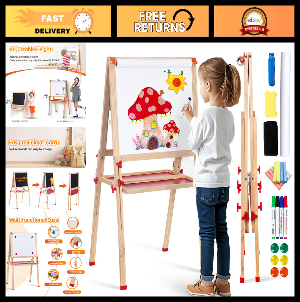Adjustable Wooden Kids Easel with Paper Roll & Accessories, Double-Sided Art Sta