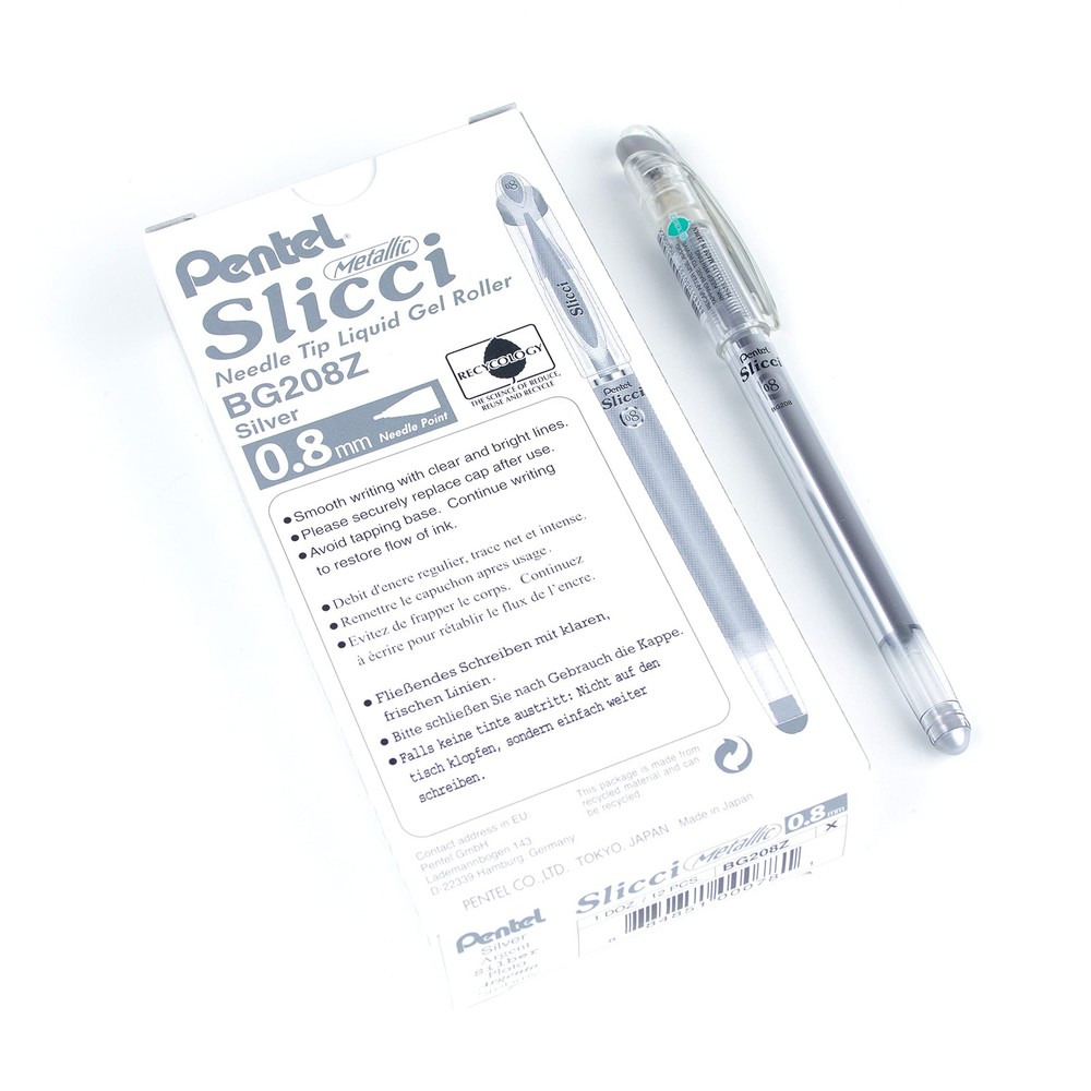 Pentel Arts Slicci 0.8mm Needle Tip, Medium Gel Pen, Silver Metallic Ink (BG2…