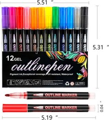 Super Sparkle Double Line Outline Markers 12 Colors Self Outline Metallic Pens
