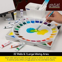 Large 32-Well Ceramic Watercolor Palette with Lid, Porcelain Paint Palette fo…