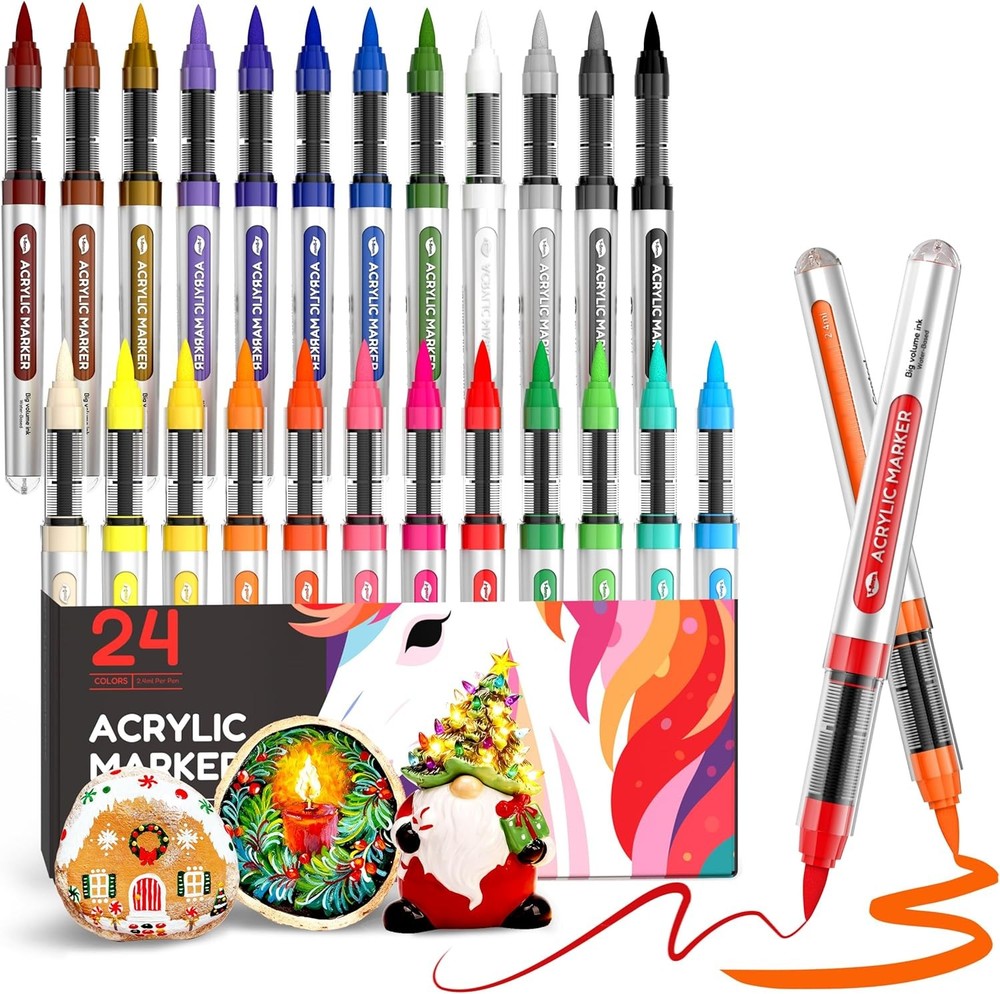Nicpro 24 Colors Acrylic Paint Markers Brush Tip, Water-Based No-Bleed Paint Mar