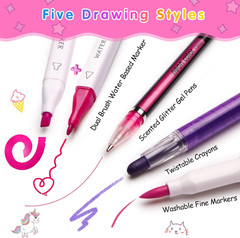 Unicorn Washable Markers Set 48 Pcs with Glitte Pencil Case, Art Supplies for Ki