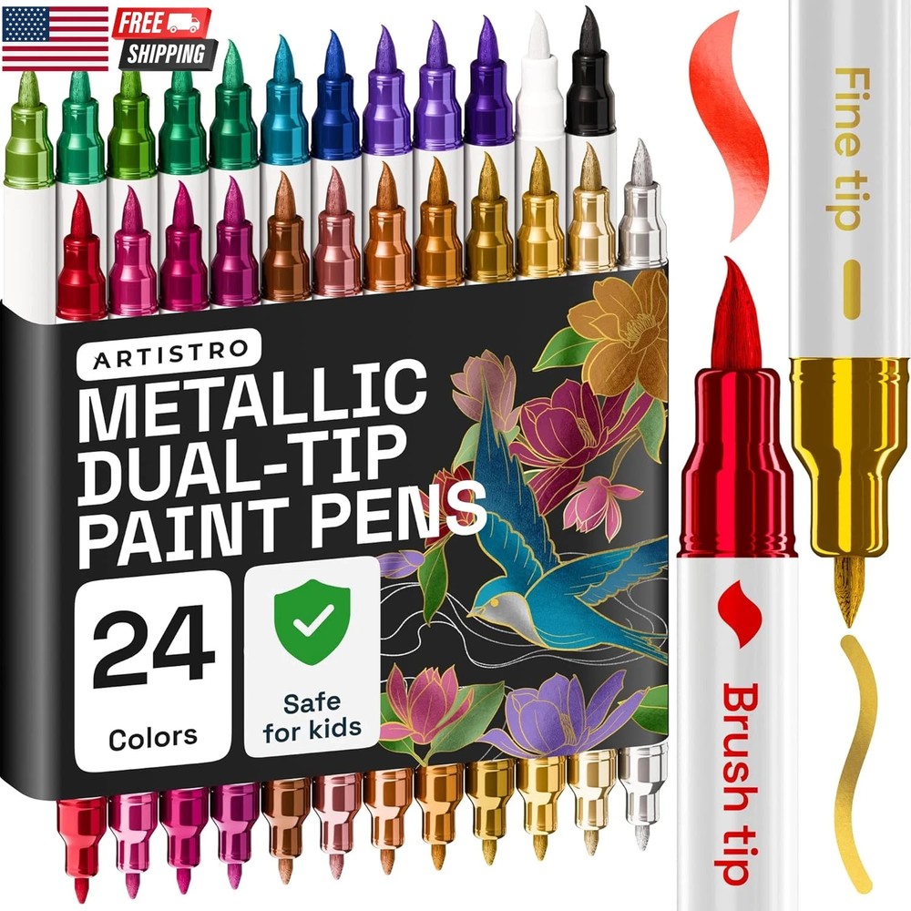 24 Metallic Acrylic Paint Markers – Paint Pens for Drawing, Brush + Fine Tips –