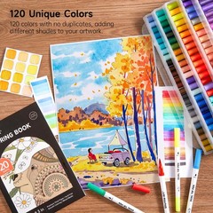120 Colors Dual Tip Brush Marker Pens with 1 Coloring Book, Fineliner and Bru…