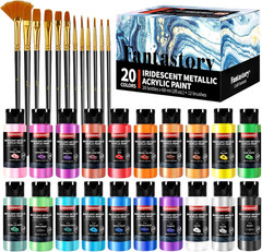 Metallic Iridescent Acrylic Paint Set with 12 Brushes, 20 X 2Oz Metallic Colors,
