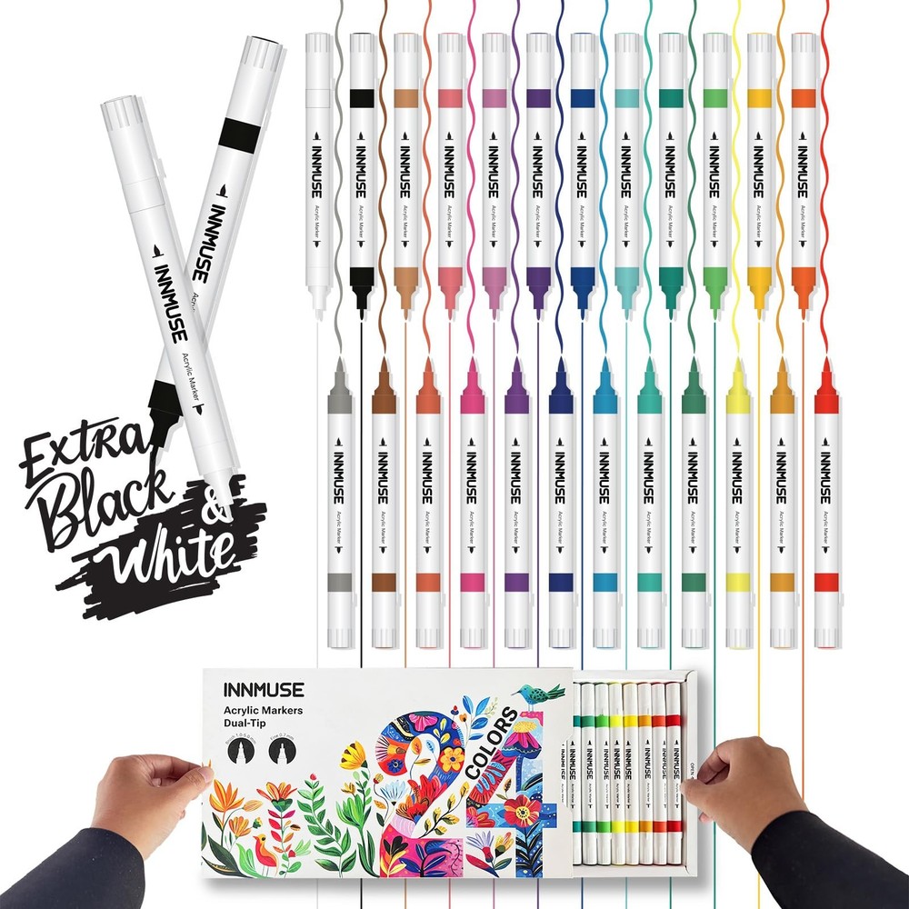 24 Colors (26 Markers) Dual Tip Acrylic Paint Pens Set Includes Extra White &…