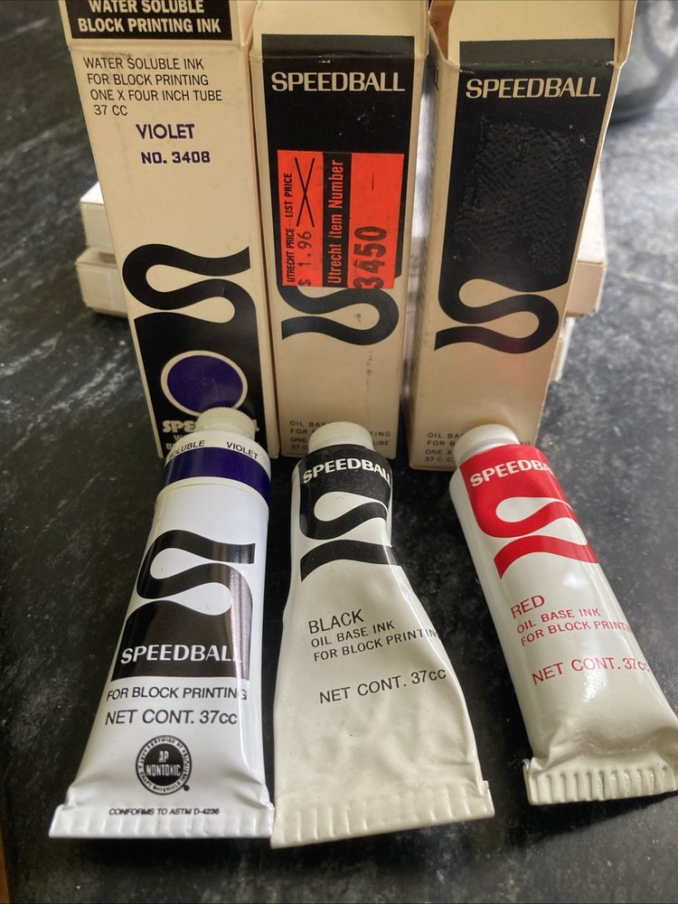 VTG Speedball Ink 3 Tubes for Block Printing Red Black Viotlet 1 Water 2 Oil