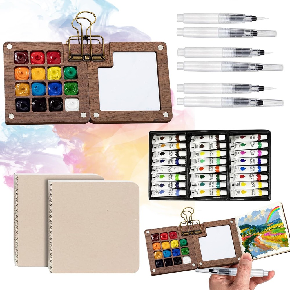 Mini Paint Set, Wooden Mini Portable Paint Palette Travel Kit, with Paint, Br…