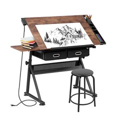 Adjustable Drafting Drawing Table Tabletop Craft Tiltable with Stool & Outlet