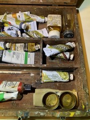 Vtg Grumbacher Wooden Painters Case Dovetail Box Paints Lot Palette Paper