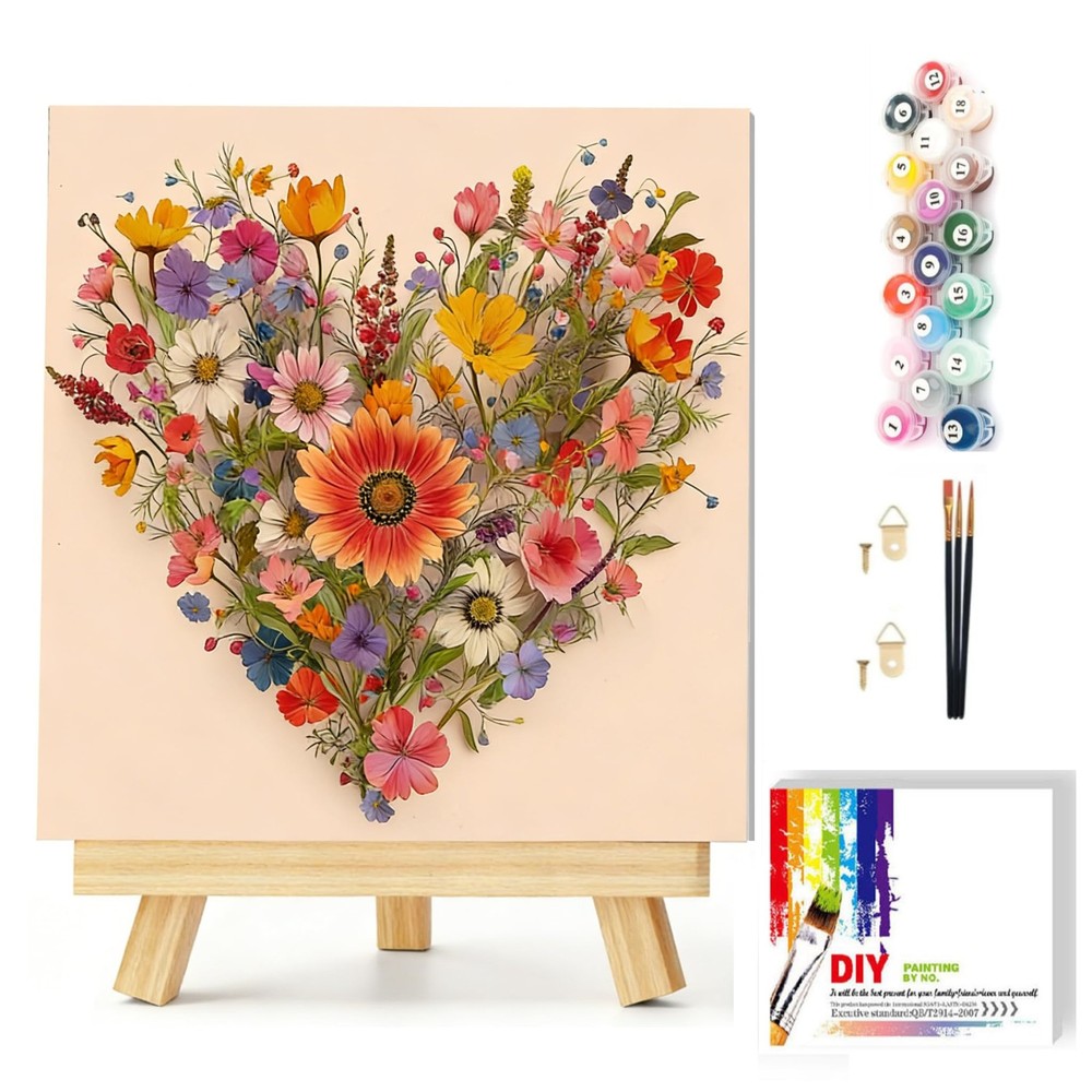 Flowers Paint by Numbers Kit for Adults with Frame and Easel, Heart Shaped Fl