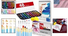 48 Color Watercolor Paint Set with Brushes and Pad