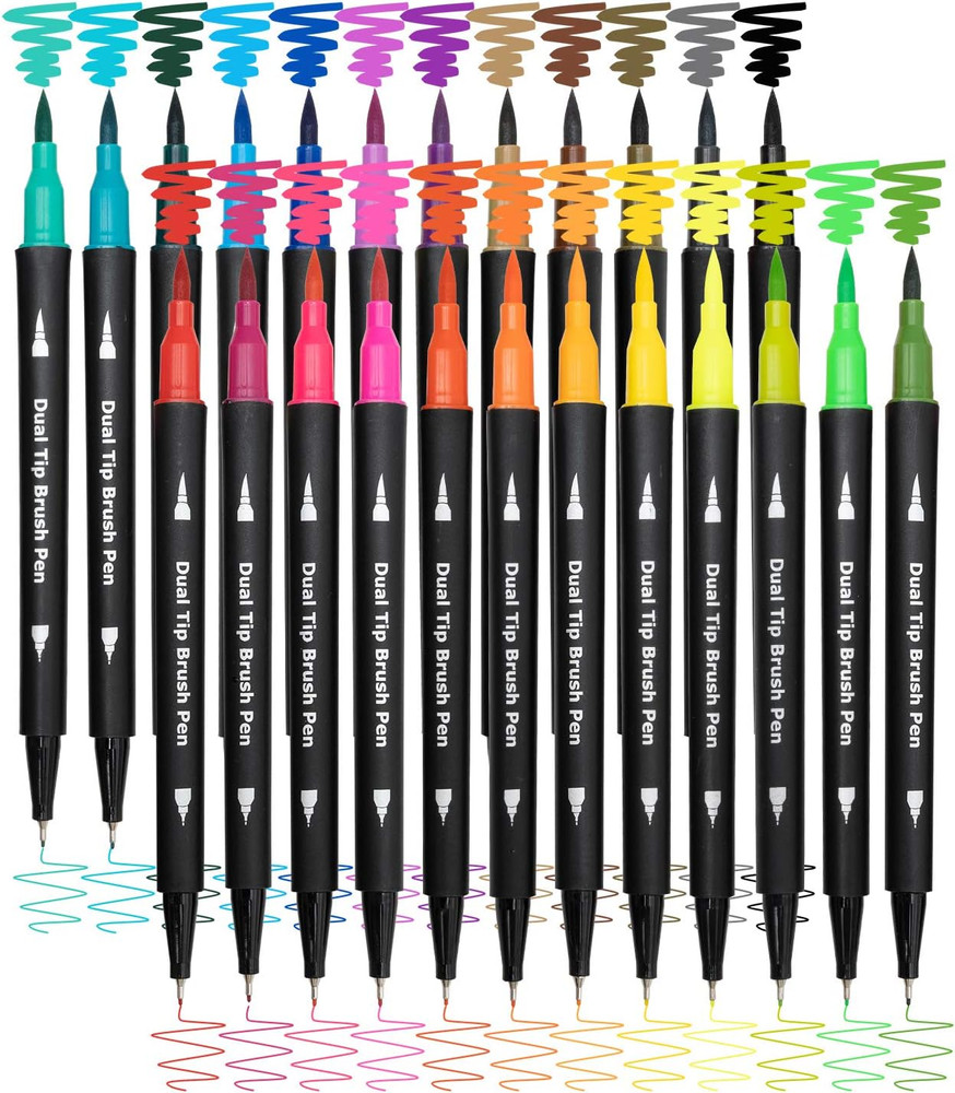 Dual Brush Marker Pens,24 Colored Markers,Fine Point and Brush Tip for Adult Col