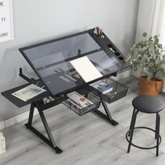 Black Adjustable Tempered Glass Drafting Printing Table with Chair