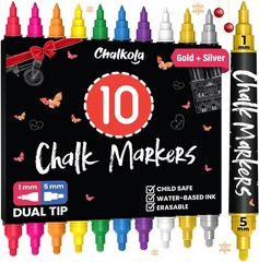 Chalkola Dual Tip Liquid Chalk Markers for Blackboard – (10 Pack, 1mm+5mm Fine,