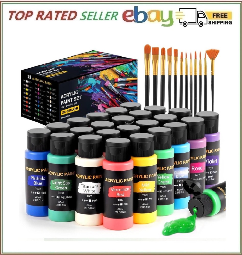 Acrylic Paint Set, 24 Colors (2 oz/Bottle) with 12 Art Brushes, Art Supplies for