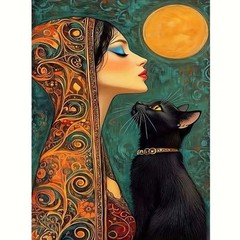 Moody Woman Diamond Art Kits for Adults,Black Cat 5D Diamond Painting Kits for A