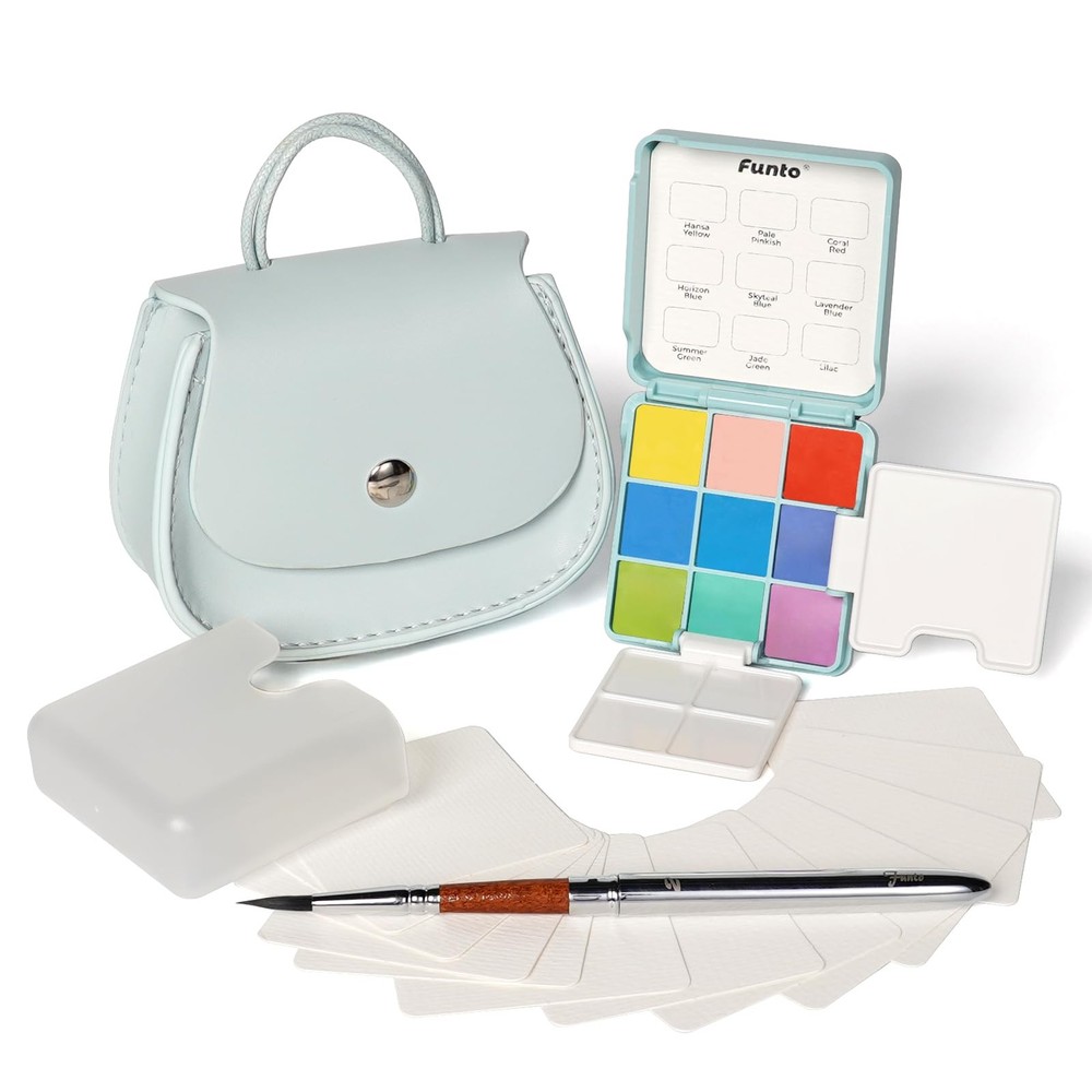 Mini Watercolor Set Travel Kit with 9 Colors, Leather Bag & Watercolor Paper,…