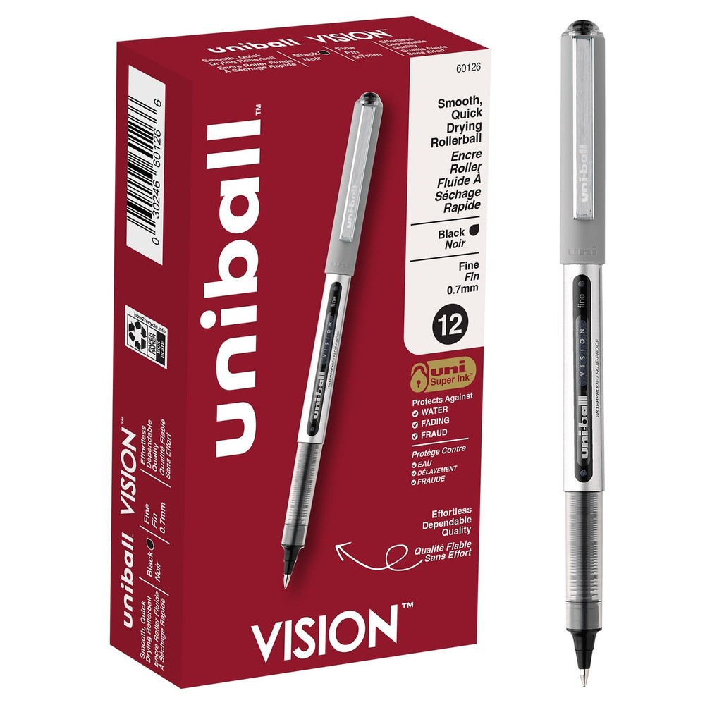 uni-ball(R) Vision(TM) Rollerball Pens, 0.7 mm, 12 Count (Pack of 1), Black