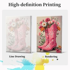 Framed Paint by Numbers Kit for Adults, Pink Cowboy Boots Paint by Number wit…