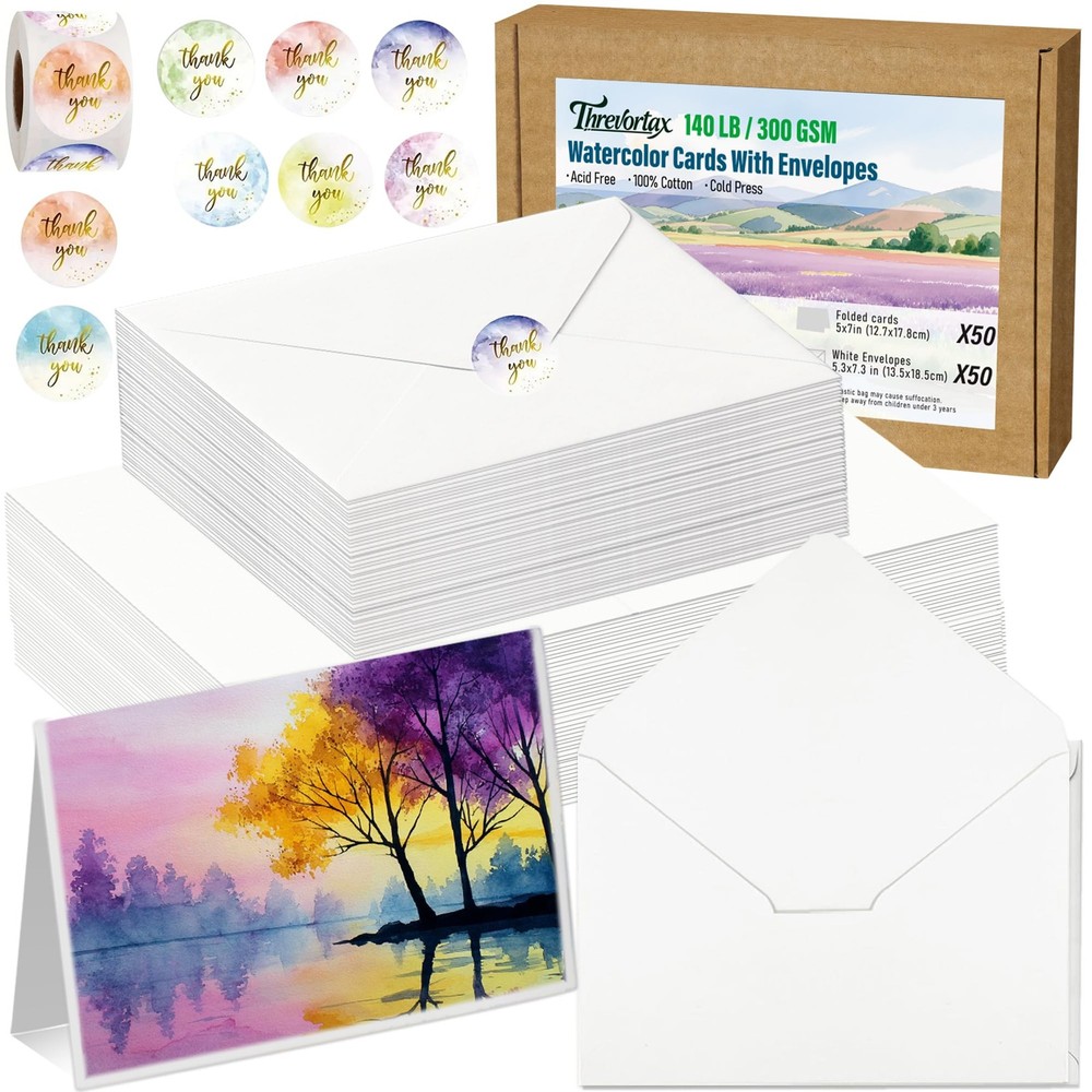 50 Pack Blank Watercolor Cards with Envelopes 5 x 7 Inch 140lb/300GSM 100% Co…