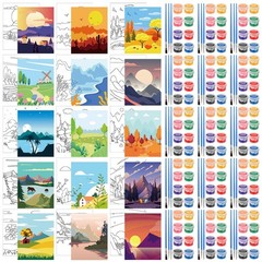 75 Pcs 15 Set Sceneries Pre Drawn Canvas Kit for Painting Craft Sip and Paint…