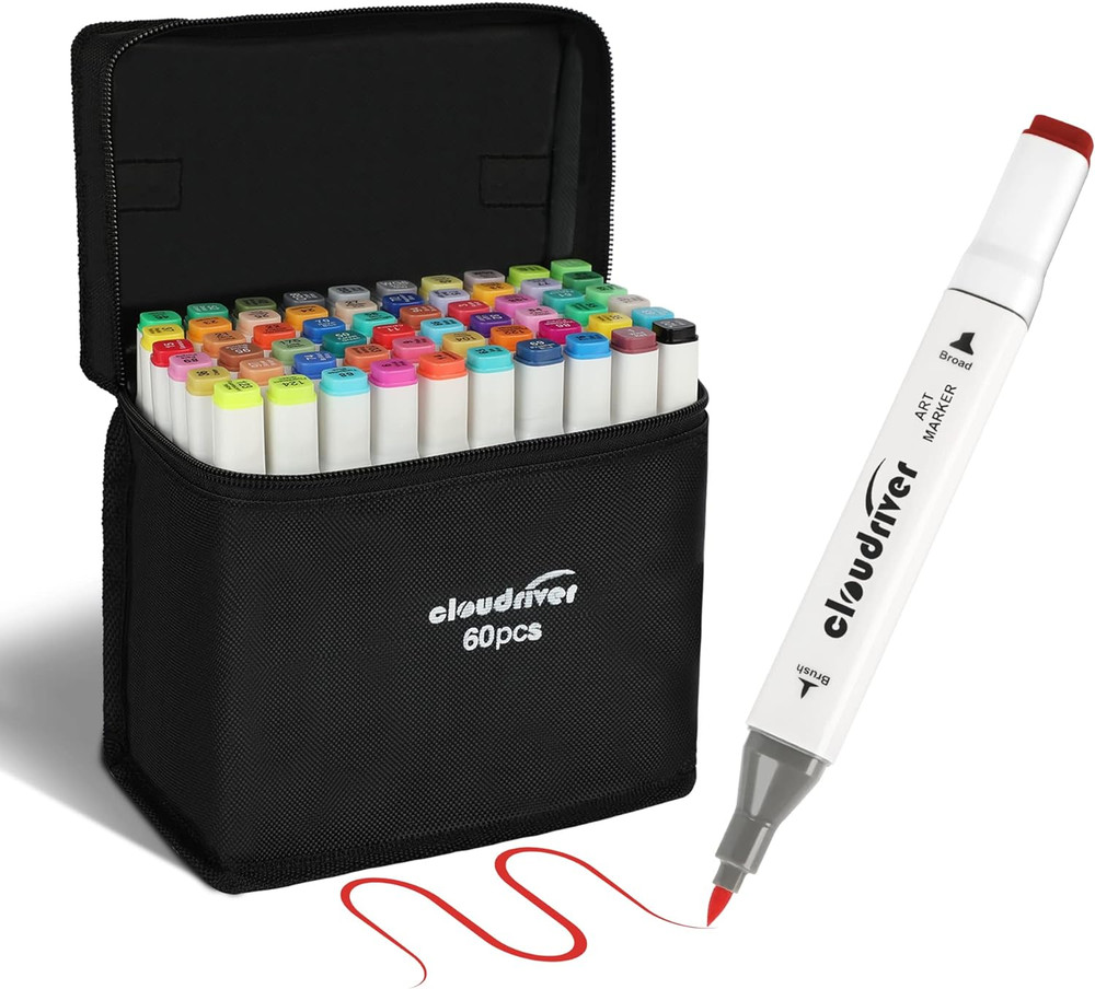 Cloudriver Alcohol Markers Brush Tip, 60 Colors Dual Tip Art Markers for Adults
