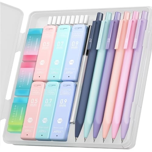 Cute Mechanical Pencil Set, 6PCS Pastel Mechanical 0.5mm + 0.7mm + 0.9mm