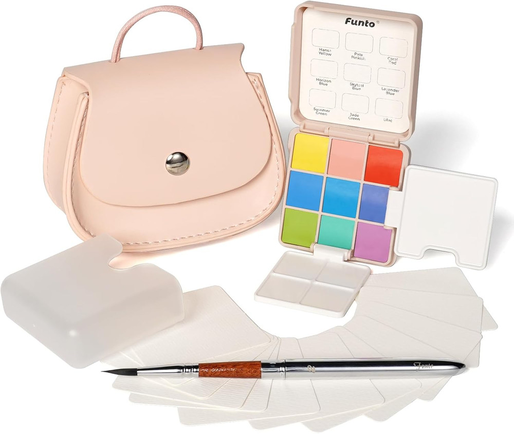 Mini Watercolor Set Travel Kit with 9 Colors, Leather Bag & Watercolor Paper, Po