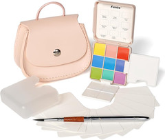 Mini Watercolor Set Travel Kit with 9 Colors, Leather Bag & Watercolor Paper, Po