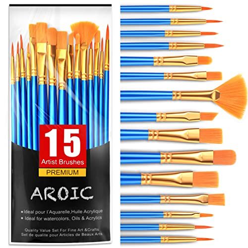 Acrylic Paint Brush Set, 15 pcs Nylon Hair Paint Brushes for All A-15pcs Blue