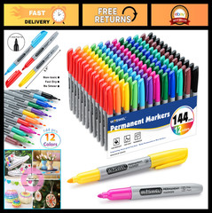 144 Pack Permanent Markers Set – Fine Point, Assorted Colors, Waterproof, Fast D