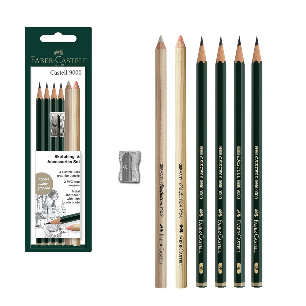 Faber Castell Castell 9000 Graphite Pencils Set with Eraser and Sharpener 7 Pack
