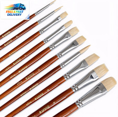 10Pcs Short Handle White Hog Hair Artist Paint Brush Set by Perfect for Acrylic