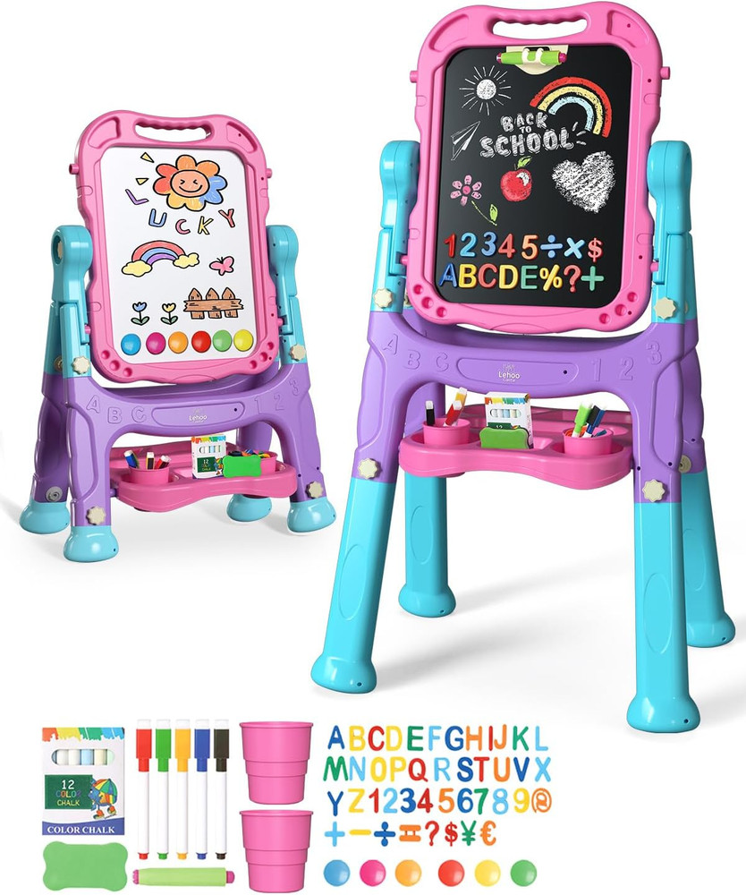 Easel for Kids, 4 in 1 Double Sided Kids Art Easel with Magnetic White Board & C